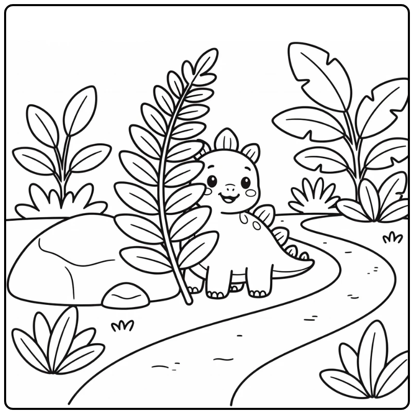 cute stegosaurus coloring page peeking behind fern