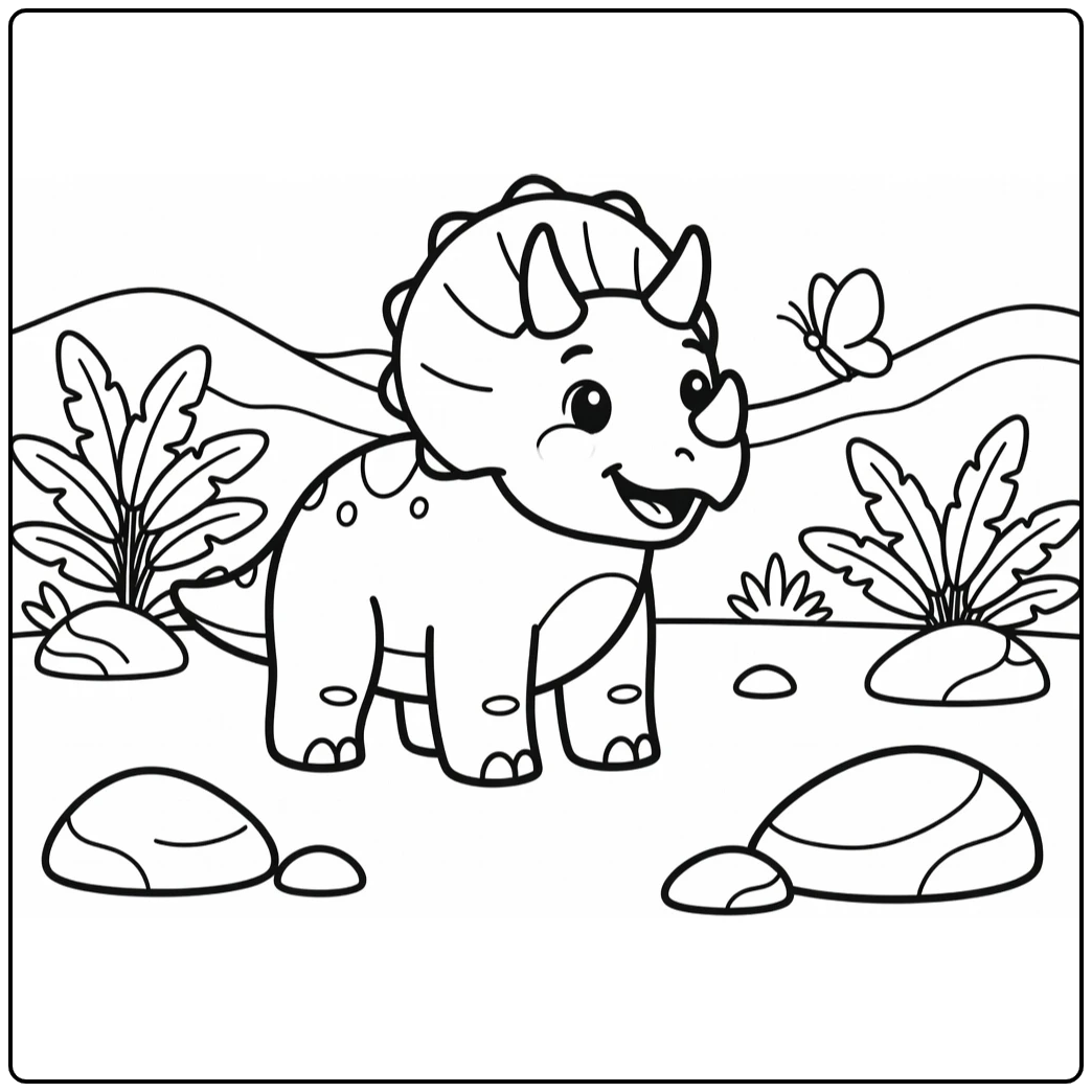 Cute triceratops coloring page with butterfly and ferns