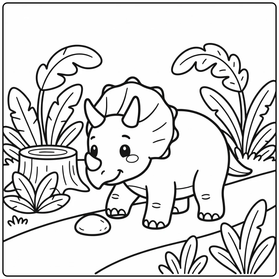 cute triceratops coloring page of dino nudging pebble
