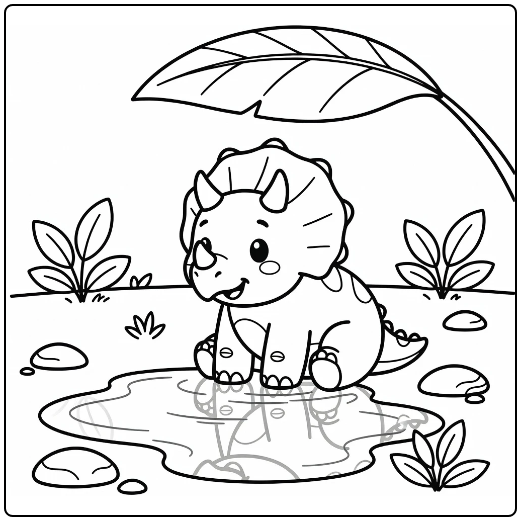 Cute triceratops coloring page with dinosaur reflection
