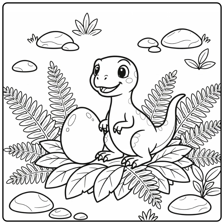 cute velociraptor coloring page with egg in fern nest