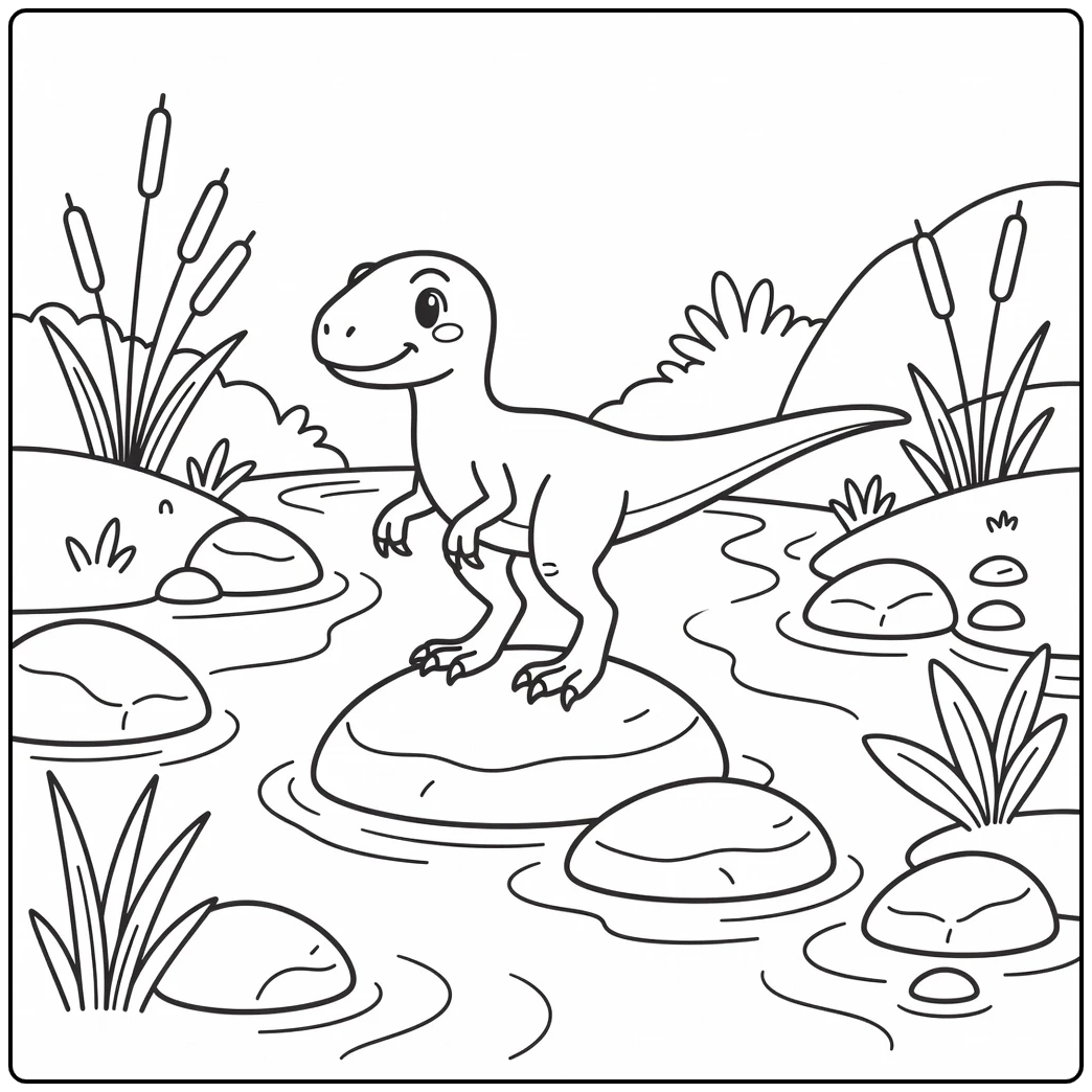Cute velociraptor coloring page dinosaur on stream stones