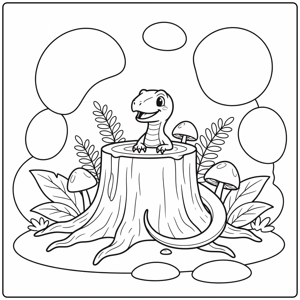 cute velociraptor coloring page with dino peeking from stump