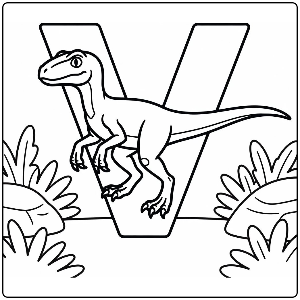Dinosaur alphabet coloring page with Velociraptor in V