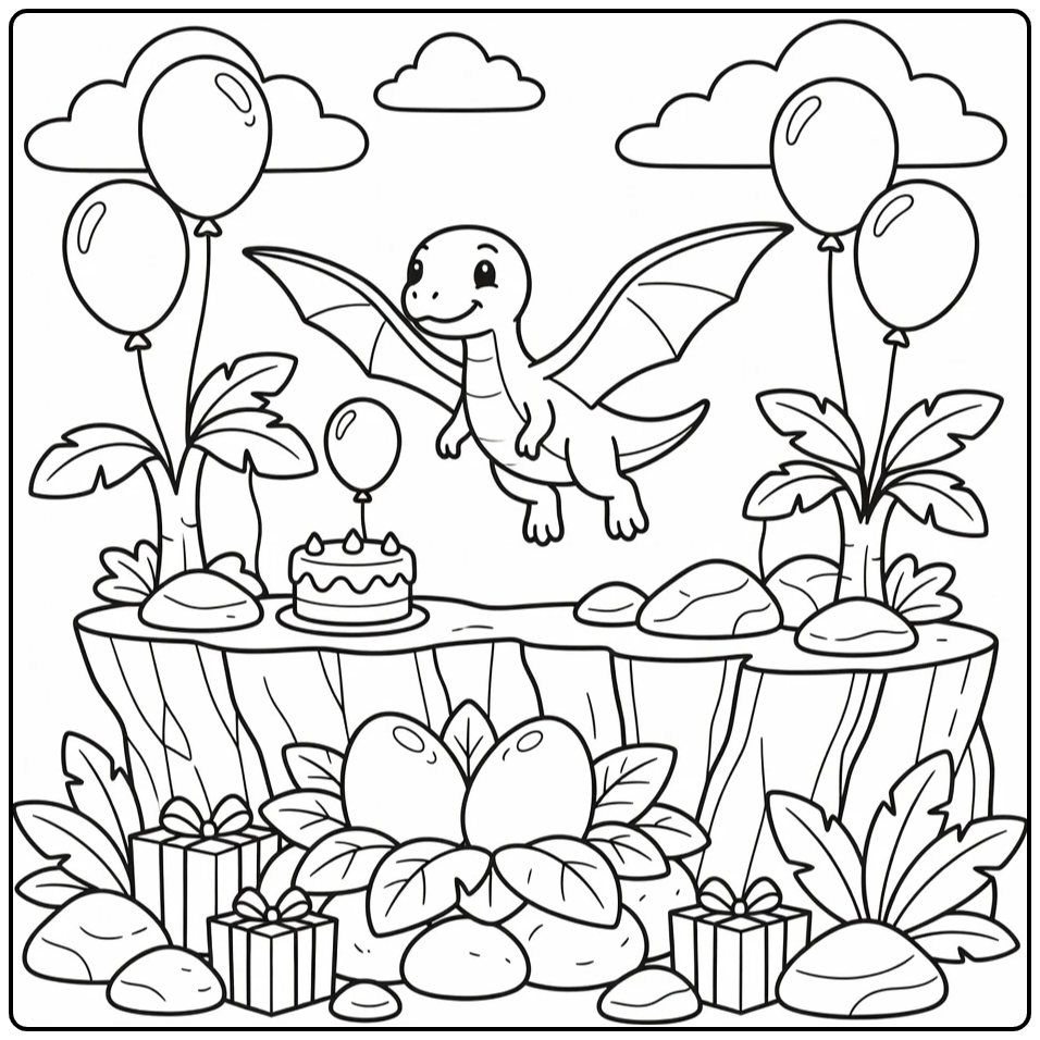 Dinosaur birthday coloring page with baby Tapejara over nest