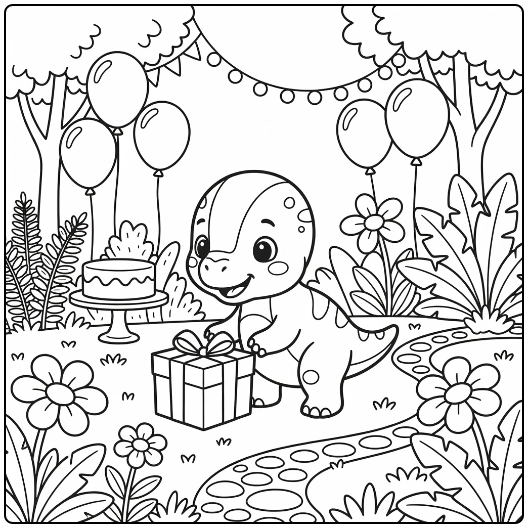 Dinosaur birthday coloring page baby Pachycephalosaurus with gift