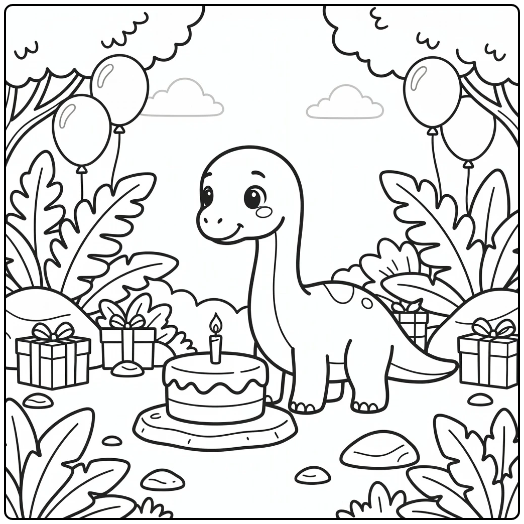 Dinosaur birthday coloring page: Apatosaurus and cake