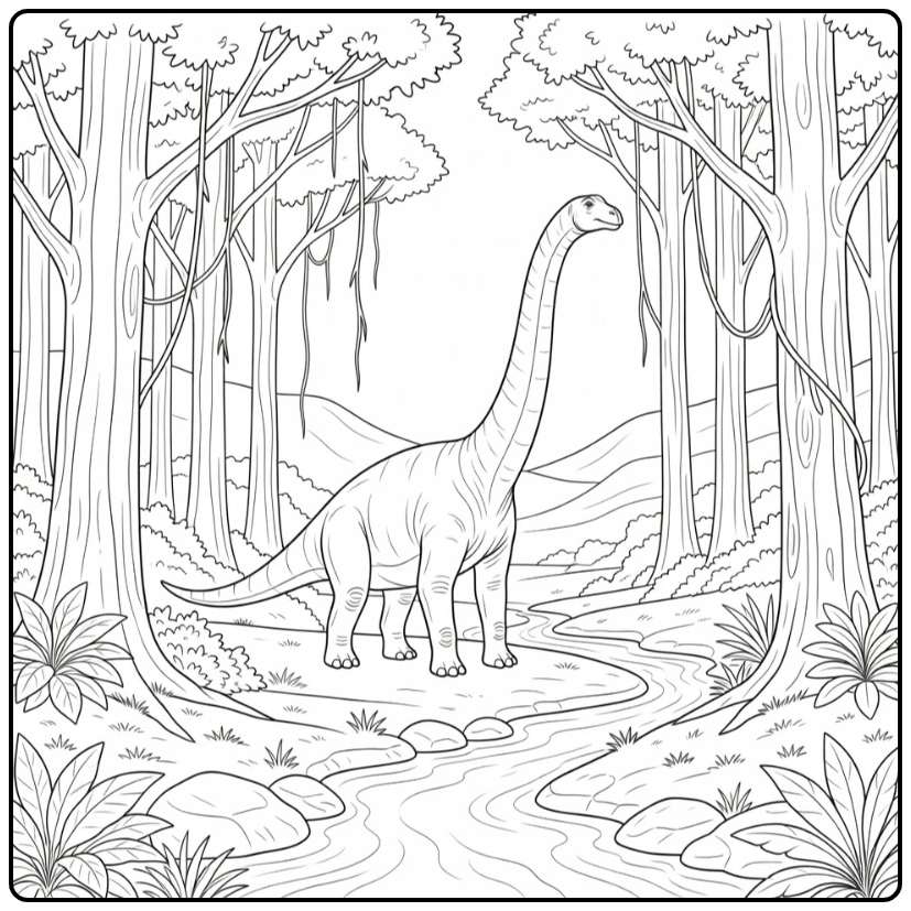 Dinosaur coloring page for adults with Brachiosaurus in forest
