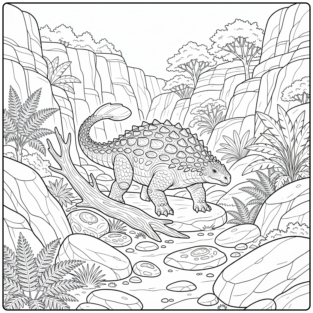 Dinosaur coloring page for adults Ankylosaurus in canyon