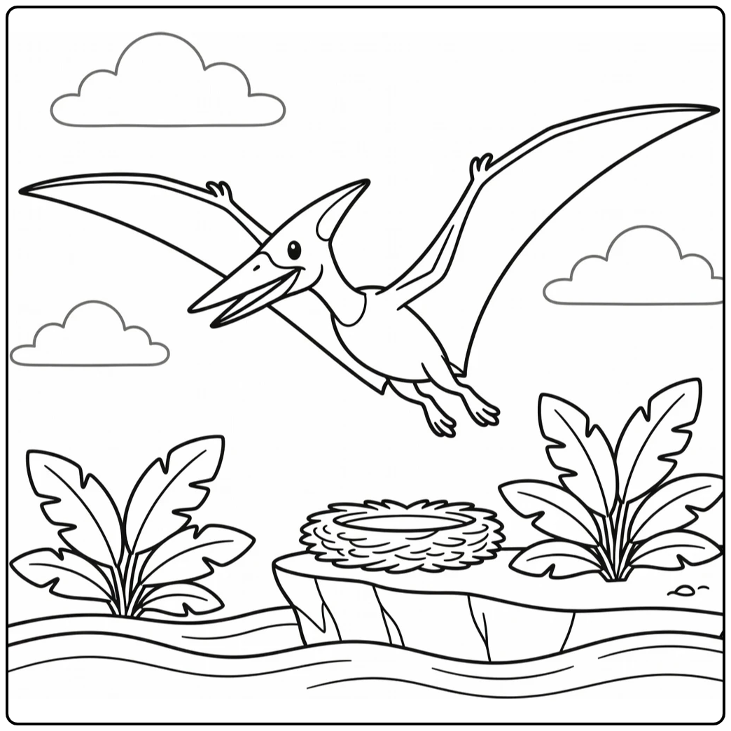 Dinosaur coloring page for kids Pteranodon gliding scene