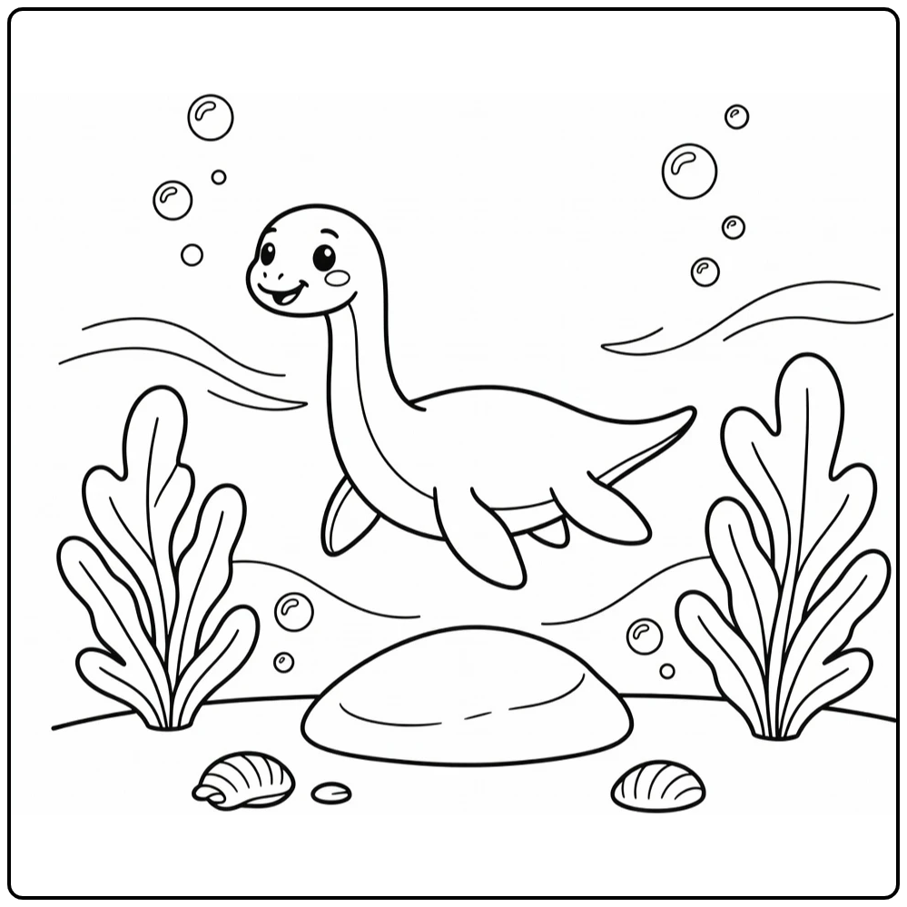 Dinosaur coloring page for toddlers: baby Plesiosaurus underwater