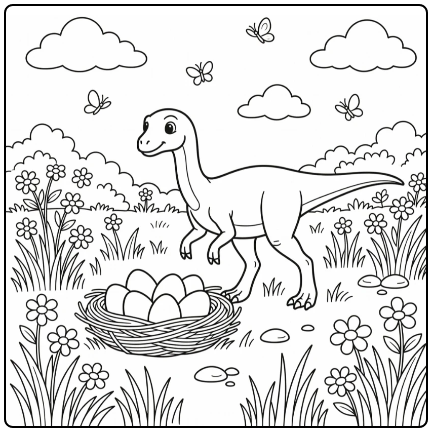 Dinosaur easter coloring page with baby Gallimimus and eggs