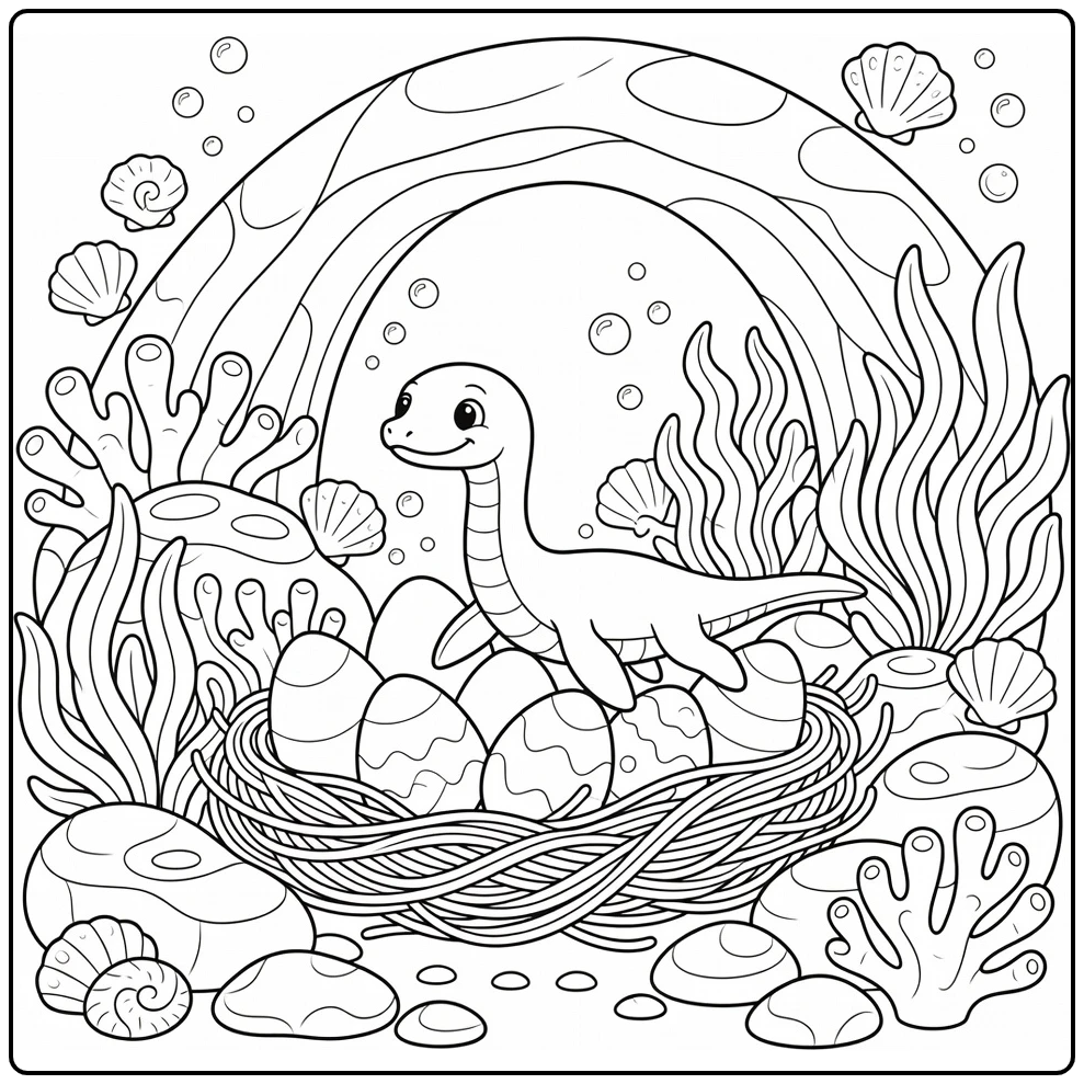 dinosaur easter coloring page with Elasmosaurus and eggs