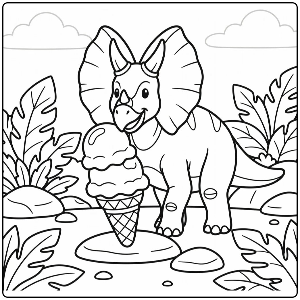 Dinosaur eating ice cream coloring page with Torosaurus cone
