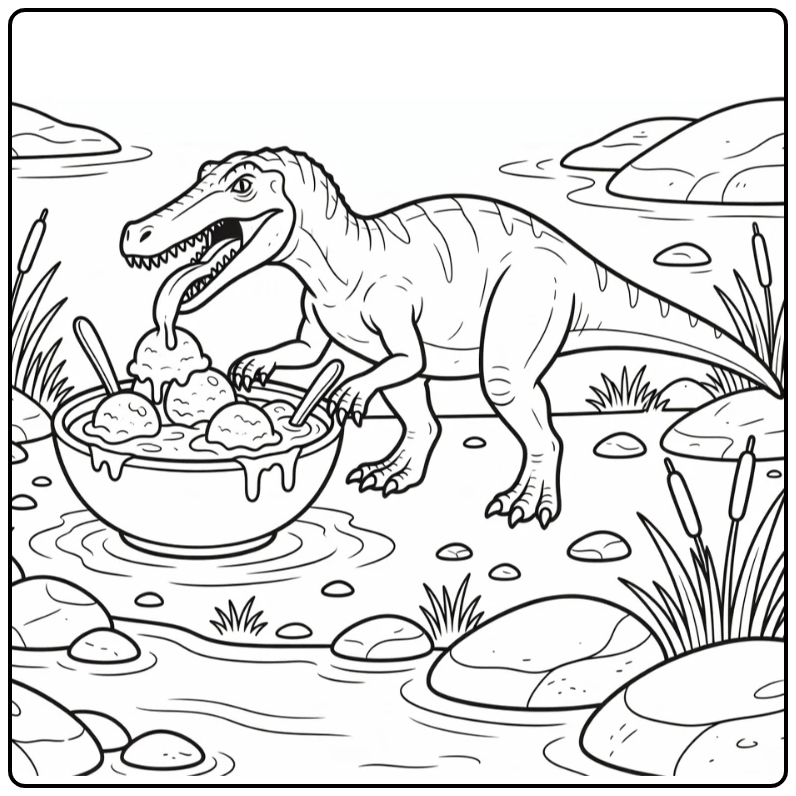 dinosaur eating ice cream coloring page Suchomimus by river