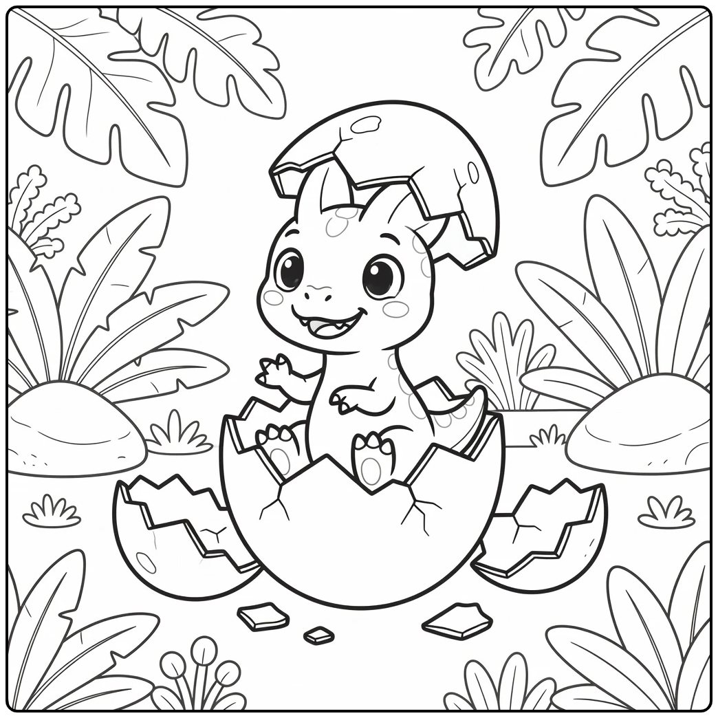 Dinosaur egg coloring page with cute baby Dilophosaurus
