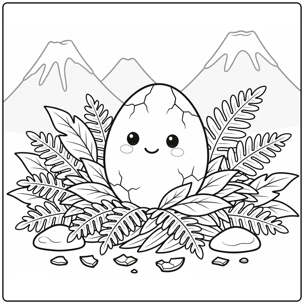 Dinosaur egg coloring page with cracking T-Rex egg in ferns