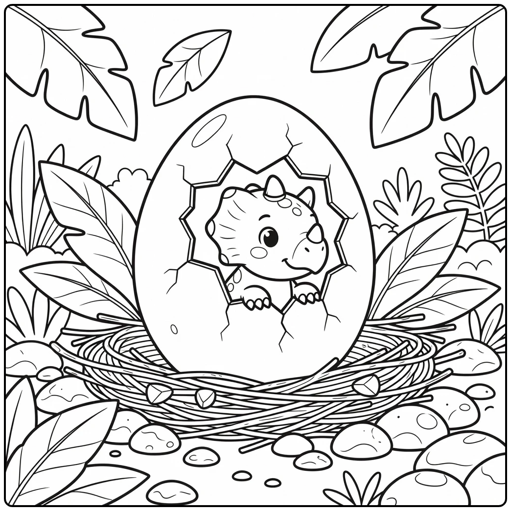 Dinosaur egg coloring page with Triceratops hatchling