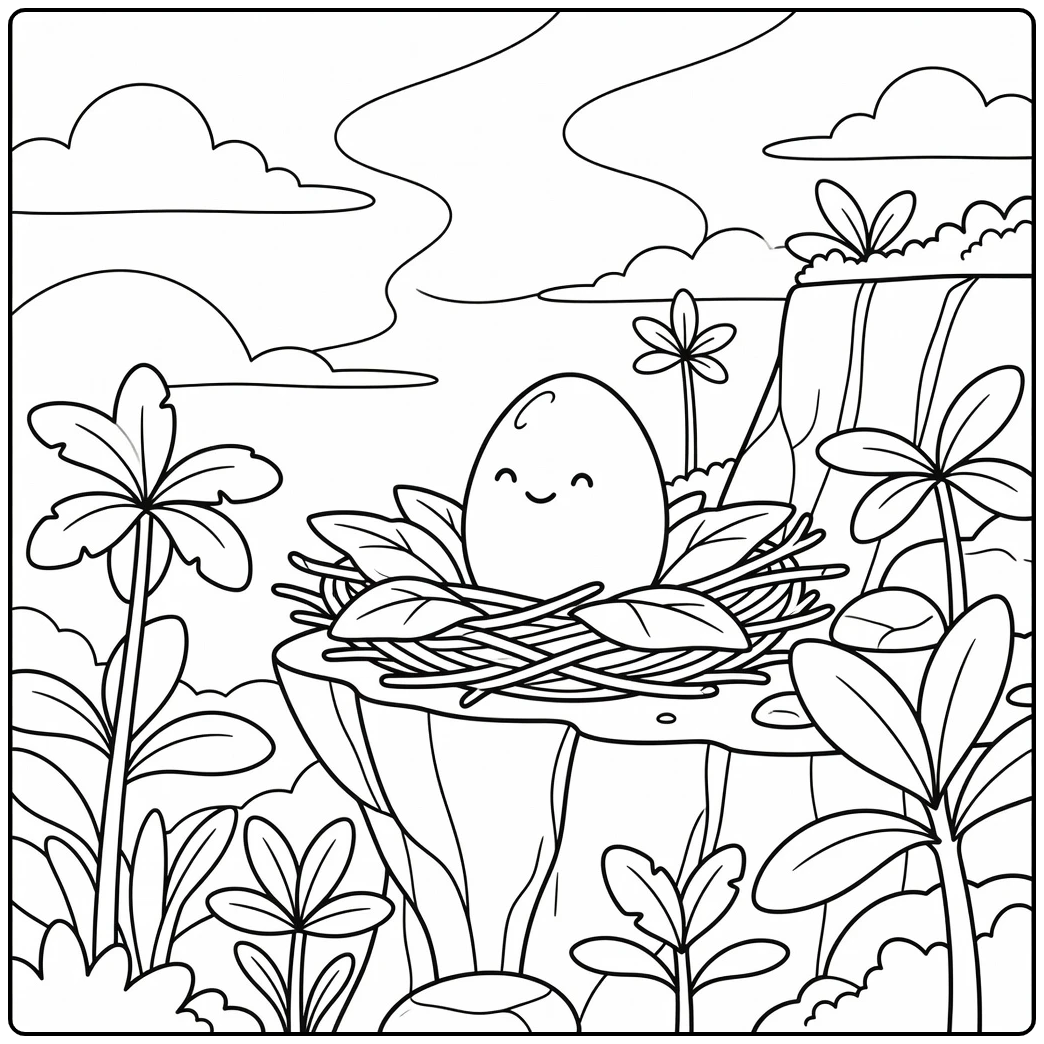 Dinosaur egg coloring page with Pteranodon egg in cliff nest