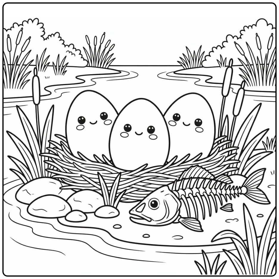 Dinosaur egg coloring page: Spinosaurus eggs by river