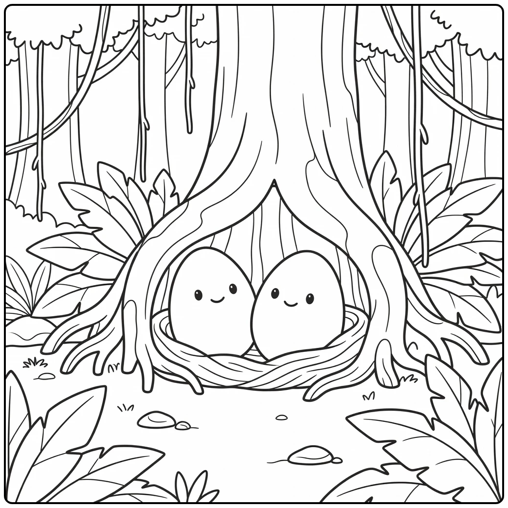Dinosaur egg coloring page with Brachiosaurus eggs under roots