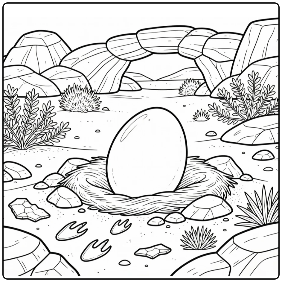 Dinosaur egg coloring page with Velociraptor nest in desert