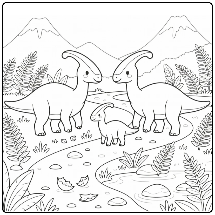 Dinosaur family coloring page with Parasaurolophus