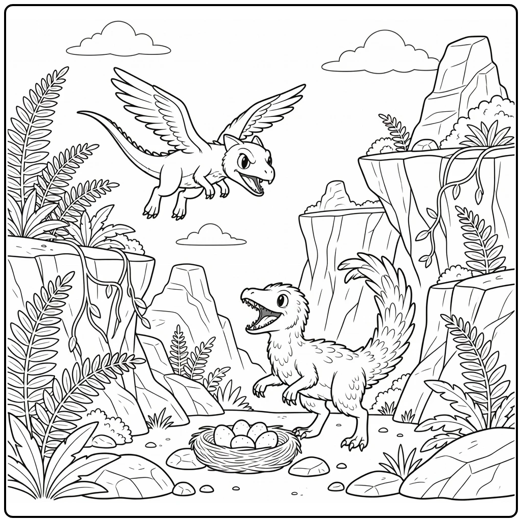 Dinosaur fighting coloring page with Dimorphodon attack scene