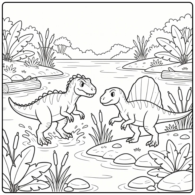 Dinosaur fighting coloring page showing Acrocanthosaurus battle
