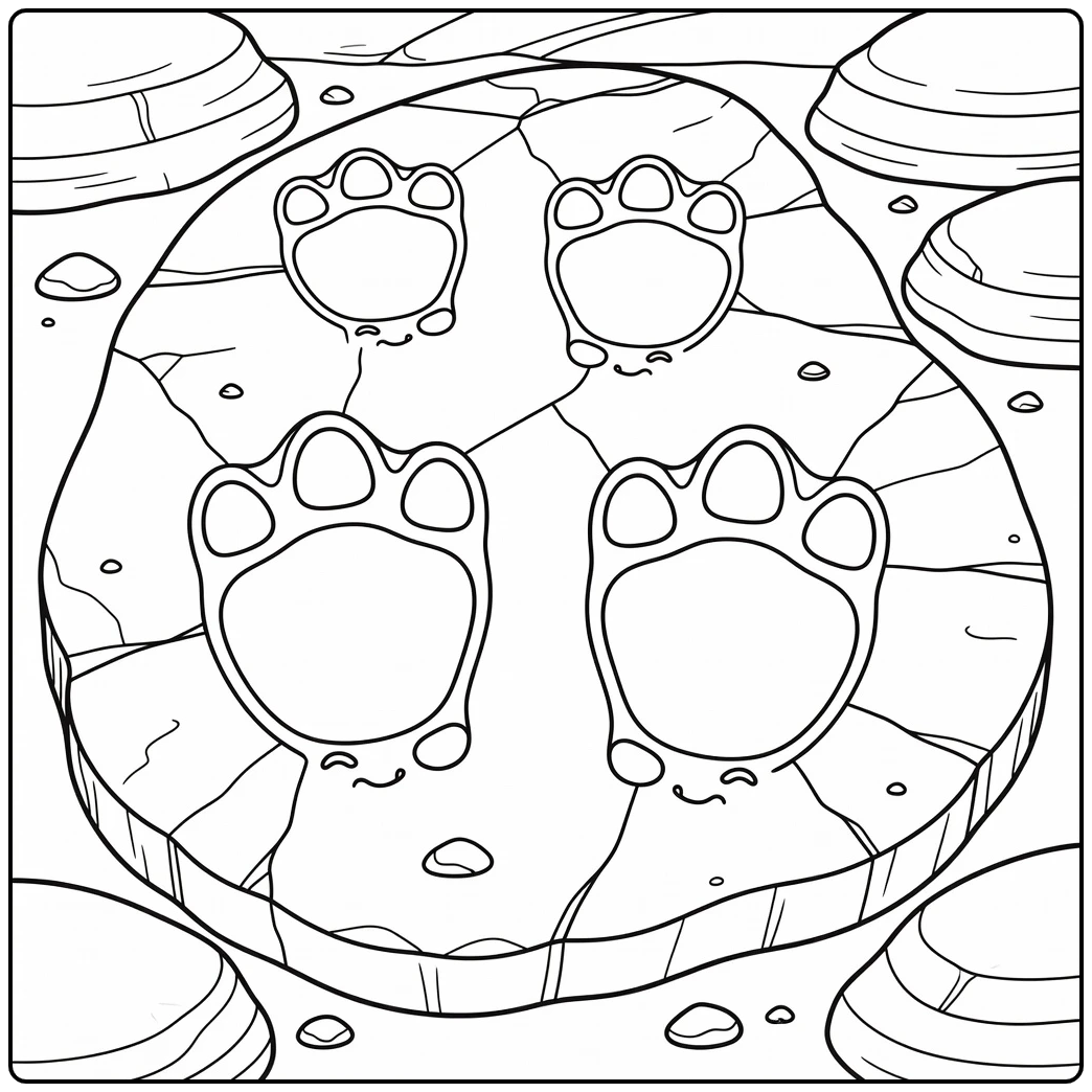 Dinosaur footprint coloring page of Triceratops tracks on rock