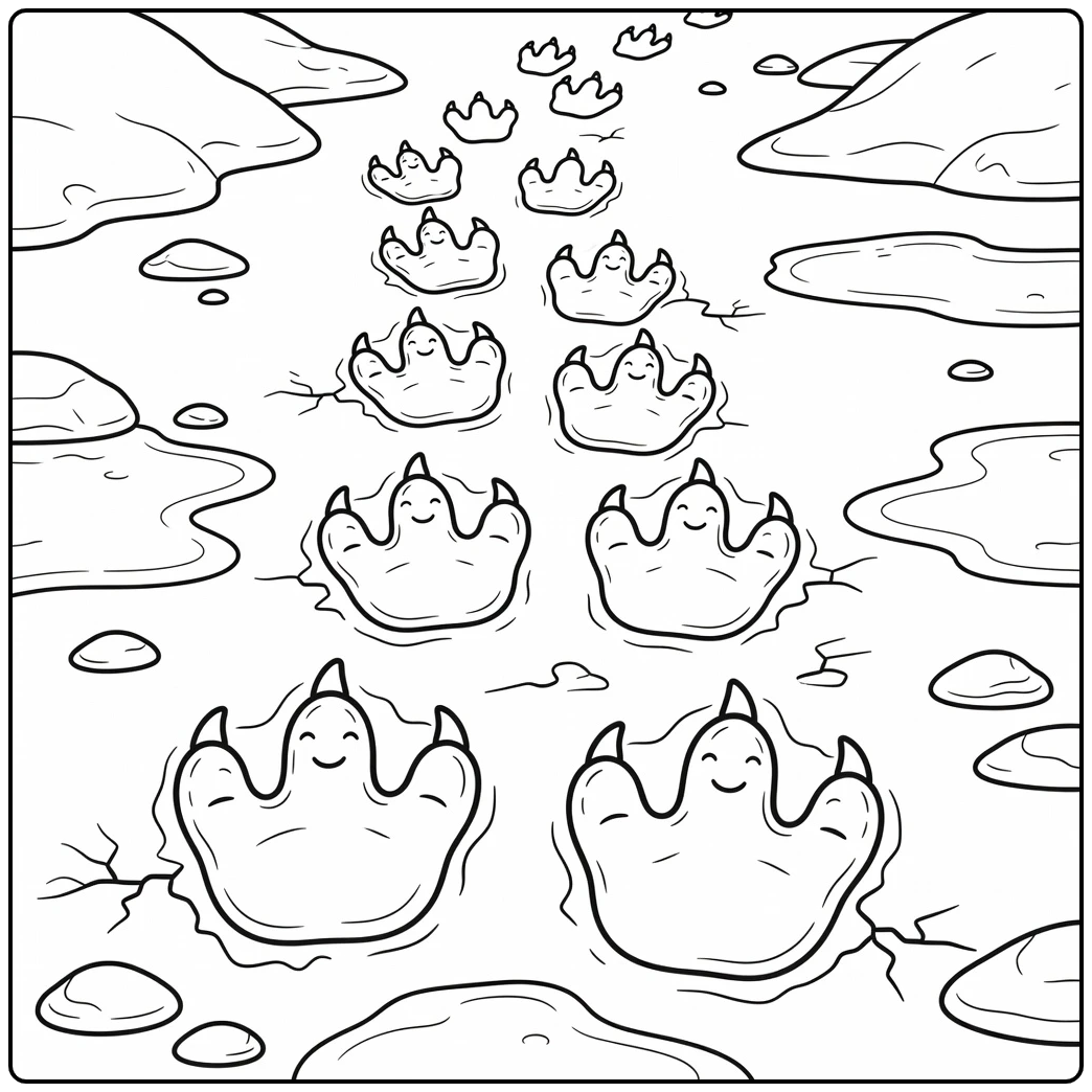Dinosaur footprint coloring page with T-rex tracks in mud