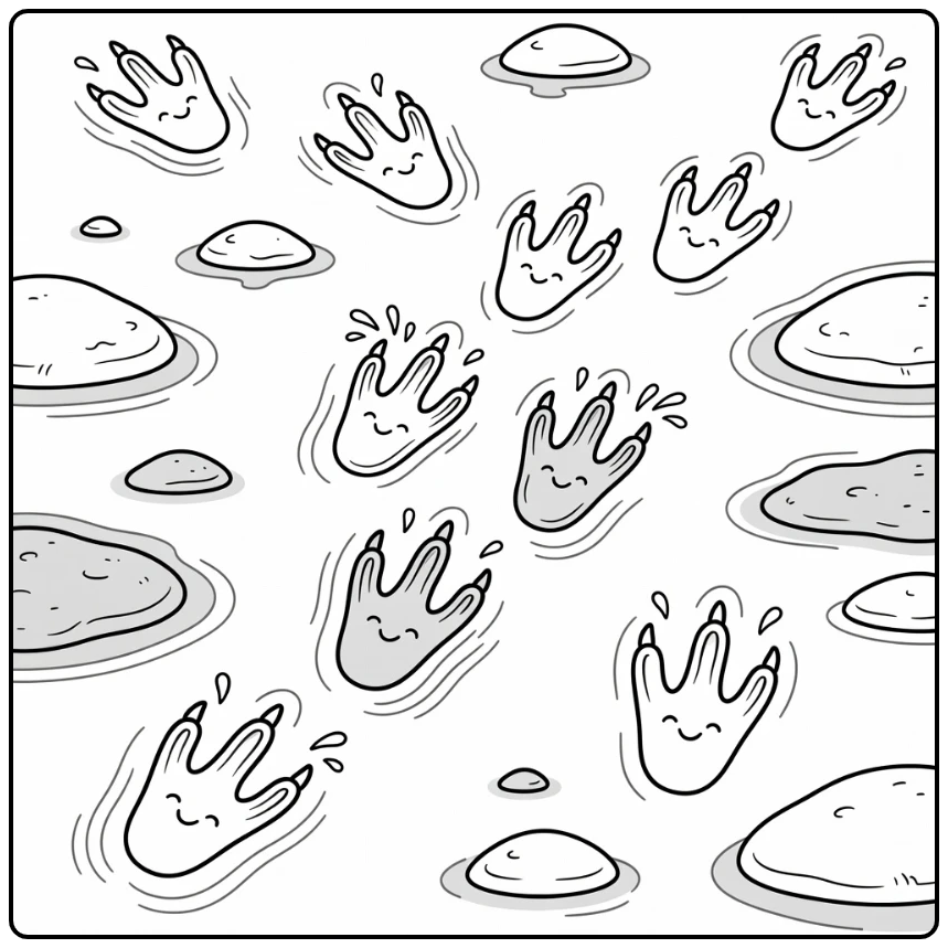 Dinosaur footprint coloring page of Pteranodon mud tracks