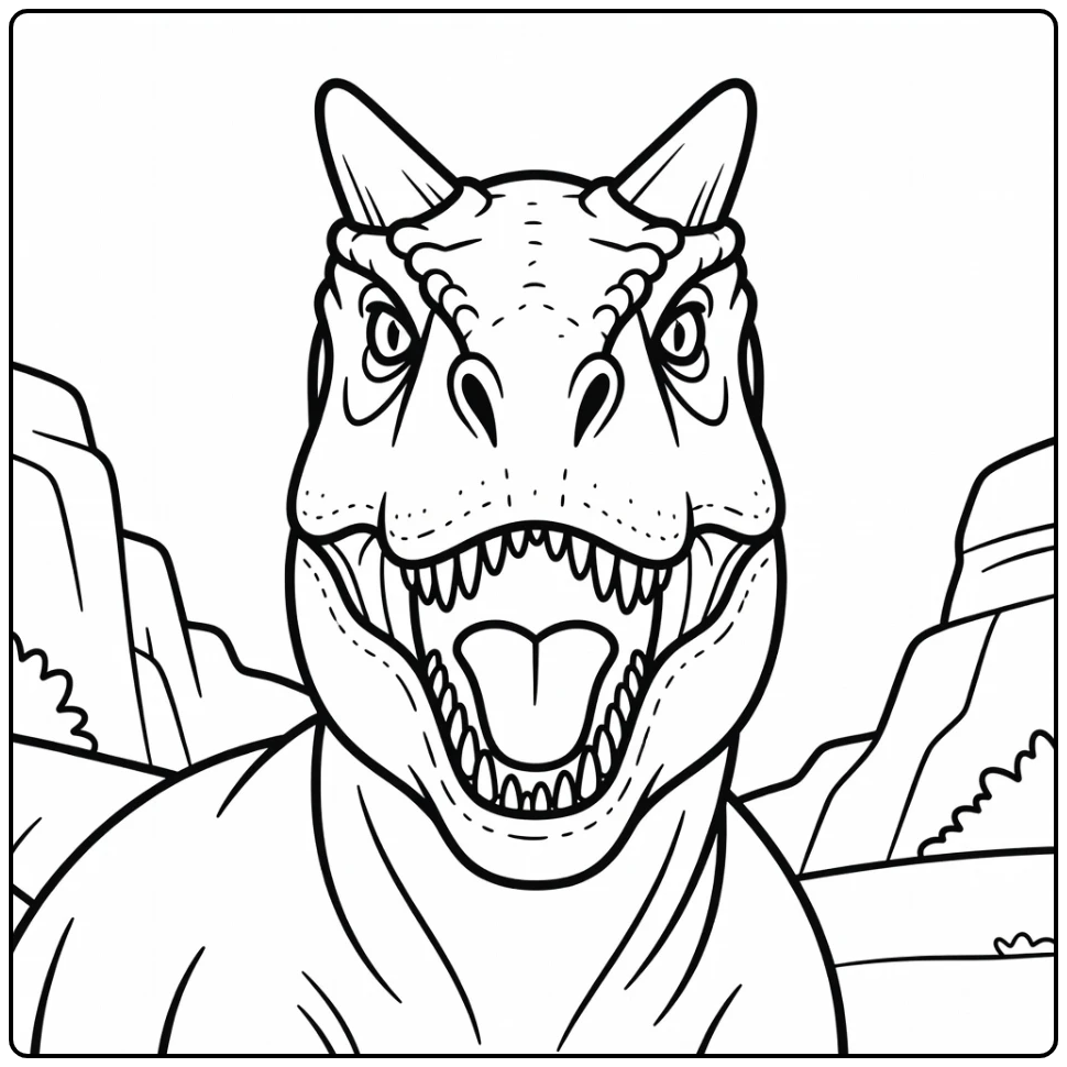 Roaring Carnotaurus dinosaur head coloring page with thick horns