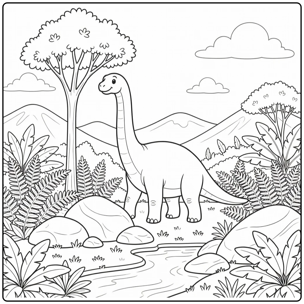 Dinosaur landscape coloring page with Brachiosaurus