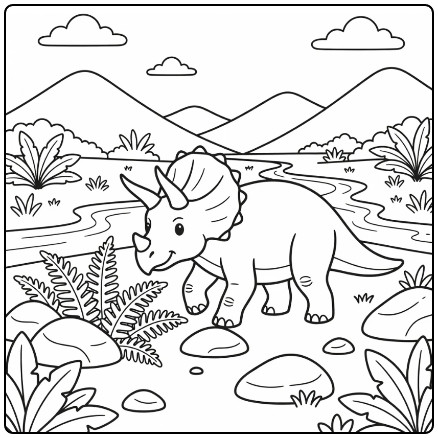 Dinosaur landscape coloring page with Triceratops in valley