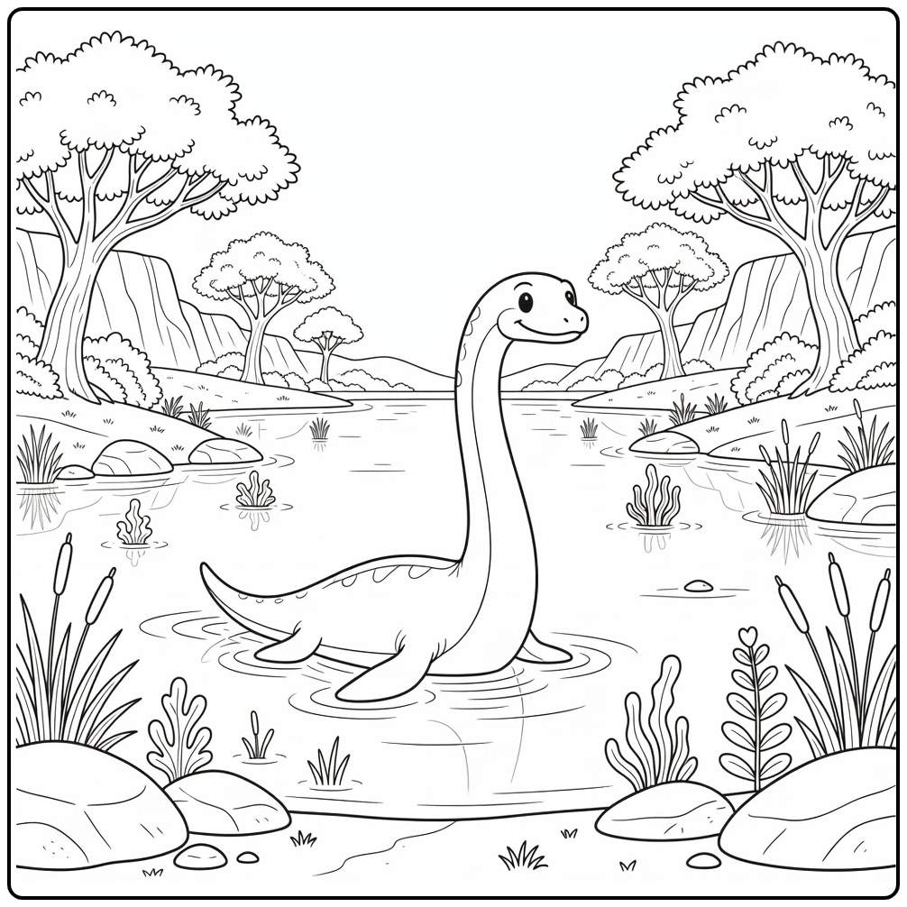 Dinosaur landscape coloring page with Plesiosaurus in lake