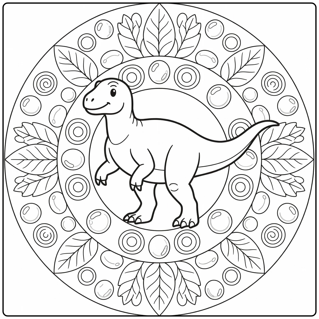 Iguanodon dinosaur mandala coloring page with broad leaves