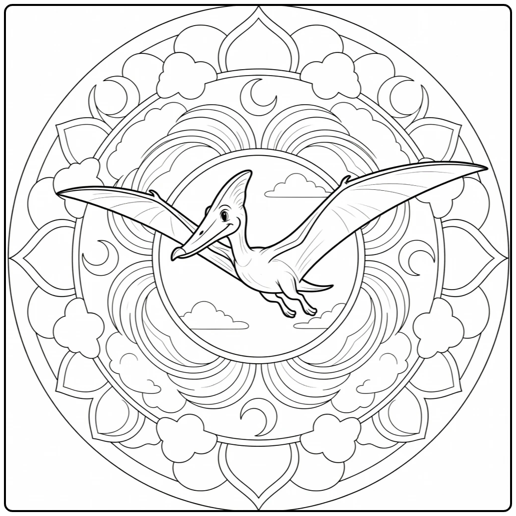 Dinosaur mandala coloring page with central Quetzalcoatlus