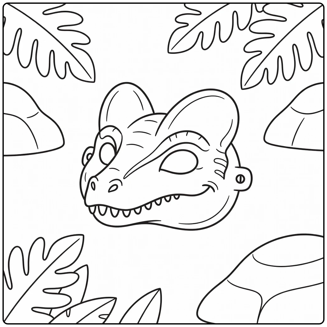 Dinosaur mask coloring page with Dilophosaurus crests and snout