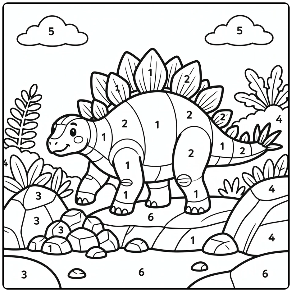 Dinosaur number coloring page with Stegosaurus on ridge