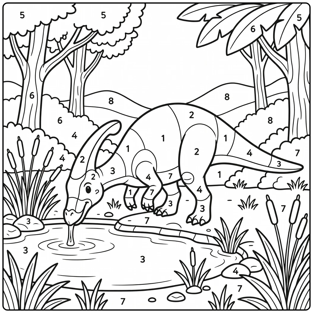 Dinosaur number coloring page of Parasaurolophus drinking