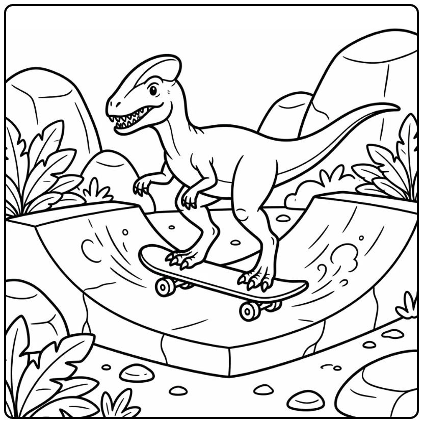 Dinosaur on skateboard coloring page with Cryolophosaurus