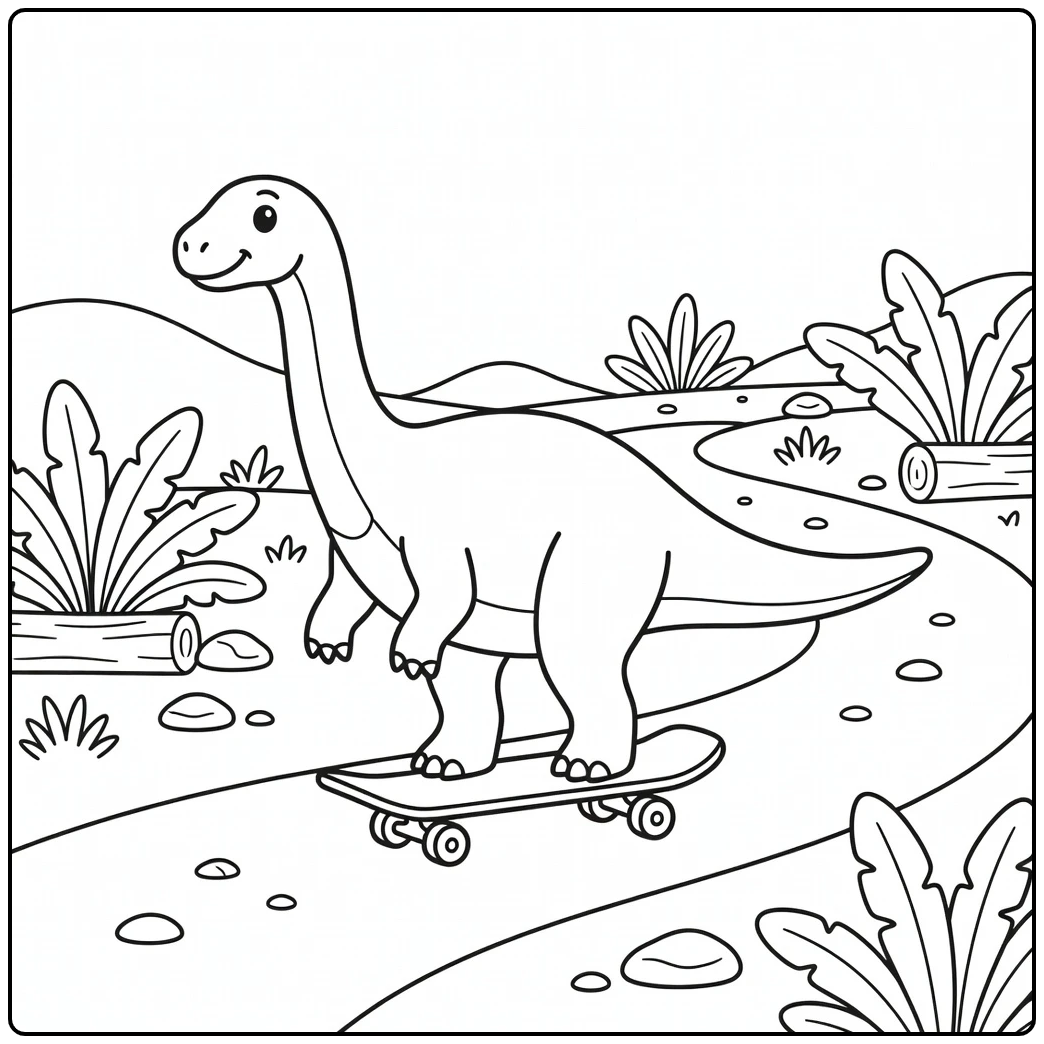 dinosaur on skateboard coloring page with balancing Plateosaurus