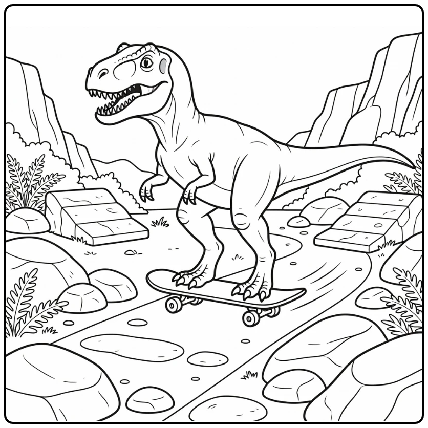 Dinosaur on skateboard coloring page with Giganotosaurus gliding