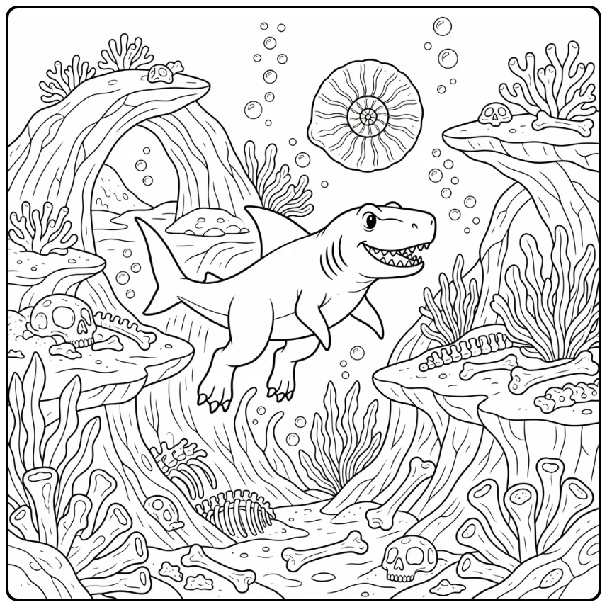 Dinosaur shark coloring page with T-rex hybrid chasing shell