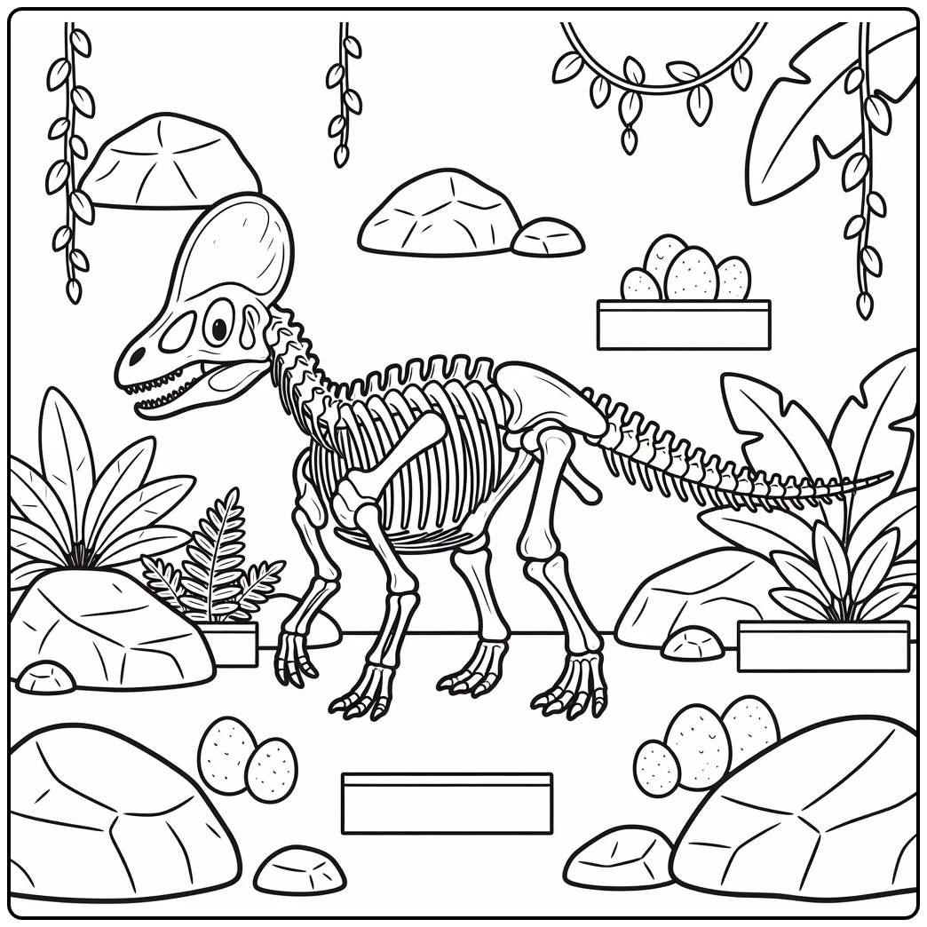 Corythosaurus dinosaur skeleton coloring page in museum display