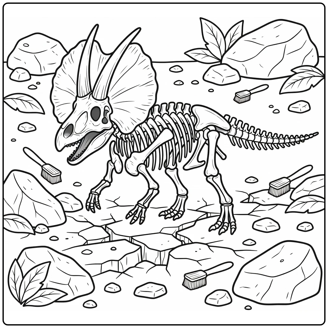 dinosaur skeleton coloring page with charging Torosaurus