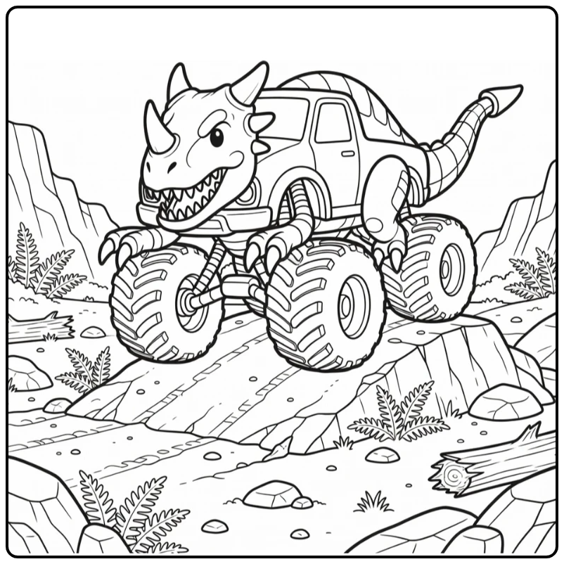 Dinosaur truck coloring page with Ceratosaurus monster