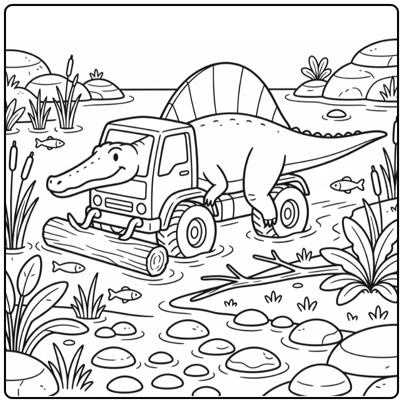 Suchomimus dinosaur truck coloring page swamp rescue scene