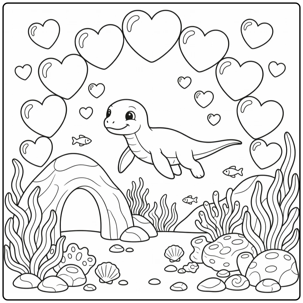 dinosaur valentine coloring page Nothosaurus heart bubble arch